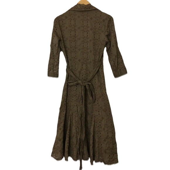 Cabi Dress Brown Floral Eyelet Faux Wrap Midi Embroidered Size 8 Collared V-neck - Picture 2 of 7